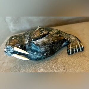 Vintage Inuit Soapstone Walrus Carving Figurine soap stone signed J Ayek Alaska